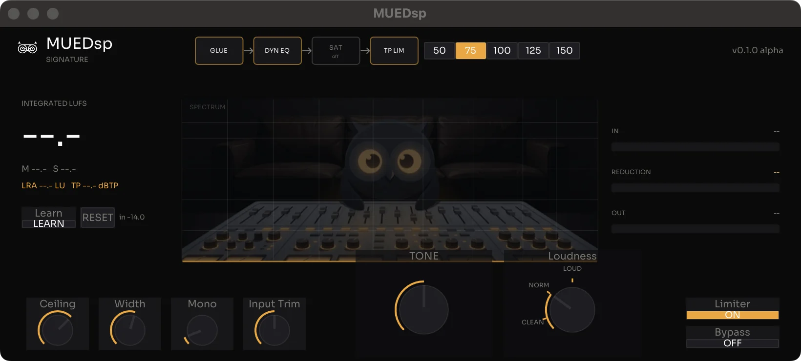 A mock of the in-development MUEDsp masterchain UI (planned — not the shipping product)